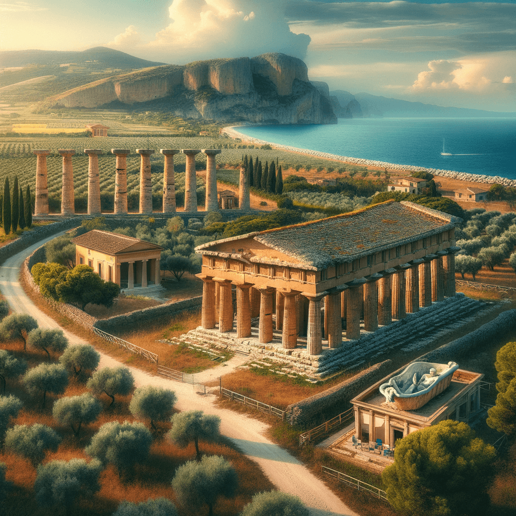 genera una foto realistica del luogo contenuto nell’articolo “**Alla Scoperta delle Meraviglie di Paestum: Un Viaggio nel Tempo**
Situata nella splendida regione della Campania, Paestum è un autentico gioiello che ogni appassionato di storia e cultura dovrebbe assolutamente visitare. Questo antico sito archeologico, riconosciuto Patrimonio dell’Umanità dall’UNESCO, offre ai visitatori l’opportunità di immergersi in un mondo affascinante dove storia e bellezza naturale si fondono armoniosamente.
Paestum fu fondata dai Greci intorno al VII secolo a.C. e rappresenta uno dei siti meglio conservati della Magna Grecia. Uno dei punti di maggior interesse è sicuramente il magnifico Tempio di Nettuno, un imponente edificio dorico risalente al V secolo a.C., che con la sua monumentale architettura racconta storie di un passato glorioso. Altri due templi, quello di Hera e quello di Athena, arricchiscono ulteriormente la visita, offrendo uno spaccato dell’antica vita religiosa greca.
Oltre ai templi, Paestum ospita un museo archeologico che conserva straordinarie testimonianze del passato, tra cui la famosa Tomba del Tuffatore, un esempio unico di pittura greca salito alla ribalta per la sua significativa rappresentazione di un uomo che si tuffa nell’aldilà.
Una visita a Paestum, incastonata tra i campi di ulivi e a pochi passi dal litorale campano, non è solo una lezione di storia, ma anche una pausa di riflessione e meraviglia di fronte a testimonianze tangibili di un mondo antico.
Per rendere la vostra esperienza davvero memorabile, vi consiglio di soggiornare alla Casa Vacanze Binario 176. Situata a due passi dalle principali attrazioni turistiche della Campania, questa struttura offre il comfort e la tranquillità necessari per un soggiorno indimenticabile. Con il suo design accogliente e i servizi personalizzati, Casa Vacanze Binario 176 è la base ideale per esplorare le bellezze di Paestum e dintorni.”