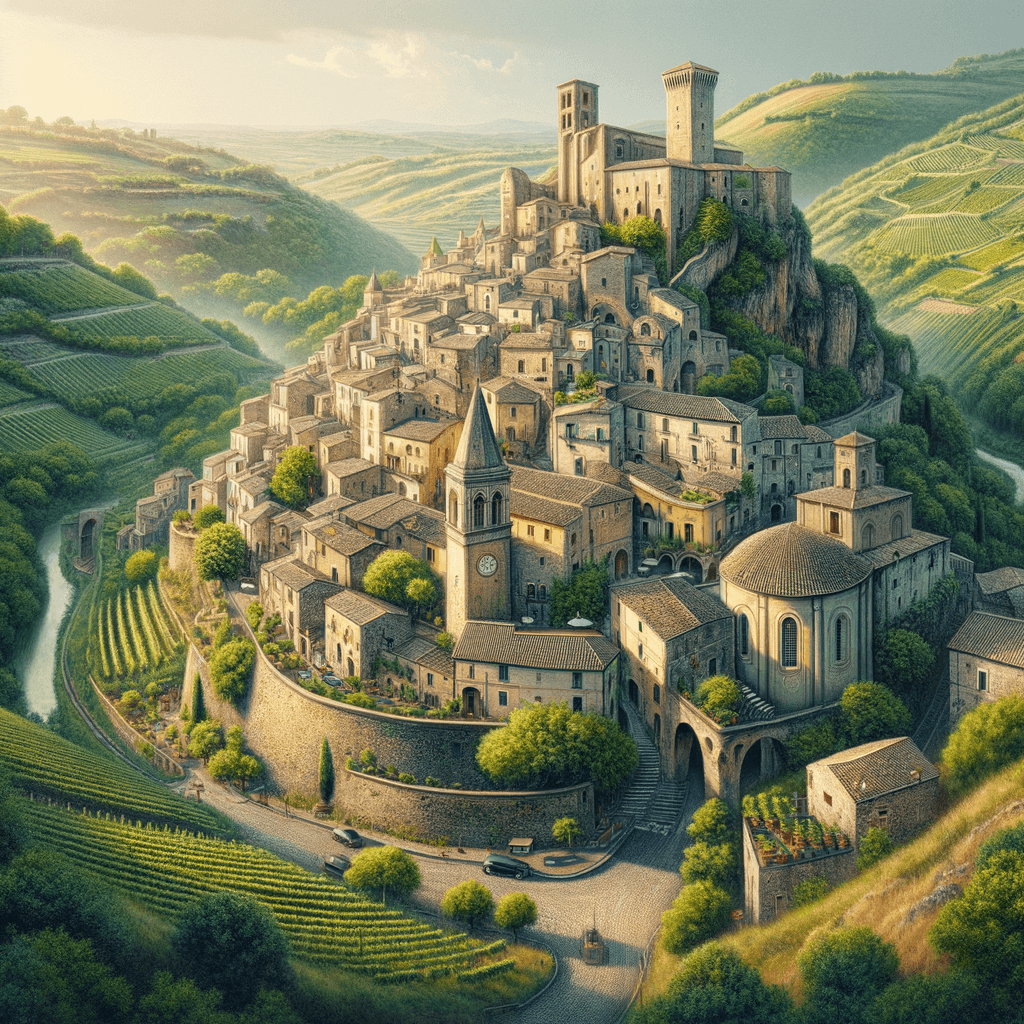 genera una foto realistica del luogo contenuto nell’articolo “Titolo: Scoprite la Magia del Borgo di Sant’Agata de’ Goti: il “Presepe Vivente” della Campania
Adagiato tra colline verdeggianti e rigogliosi vigneti, il borgo di Sant’Agata de’ Goti è una gemma nascosta nel cuore della Campania. Con la sua caratteristica forma arrotondata e le antiche mura in pietra che lo cingono come un gioiello prezioso, questo pittoresco villaggio è spesso paragonato a un presepe vivente per la sua bellezza unica e senza tempo.
Passeggiare tra le strette vie pavimentate di ciottoli sembra portarci indietro nel tempo, in un’epoca in cui la vita seguiva un ritmo più dolce e tranquillo. Gli edifici in pietra del borgo, molti dei quali risalgono al medioevo, si ergono imponenti sulle ripide scogliere formate dal fiume Isclero, offrendo scorci mozzafiato che vi lasceranno senza fiato.
La visita a Sant’Agata de’ Goti non è completa senza una sosta presso la Cattedrale dell’Assunta, un magnifico esempio di architettura religiosa, e senza ammirare il castello normanno che domina il paesaggio circostante. I sapori locali, poi, non deludono. Provate il rinomato aglianico locale o concedetevi una prelibata porzione di torrone artigianale, prodotto secondo le tradizioni tramandate da generazioni.
Per chi desidera immergersi completamente nella tranquillità e nella bellezza di questo angolo incantato della Campania, non c’è niente di meglio di un soggiorno presso la “Casa Vacanze Binario 176″. Questa struttura offre un’atmosfera accogliente e raffinata, perfetta per chi cerca una base confortevole e panoramica da cui esplorare le meraviglie dei dintorni. La casa vacanze, situata in una posizione strategica, vi permette di godere appieno delle bellezze nascoste della regione, tornando ogni sera in un rifugio che emana tutto il calore e l’autenticità del Sud Italia. Prenotate il vostro soggiorno e lasciatevi conquistare dalla magia di Sant’Agata de’ Goti – un viaggio che certamente ricorderete a lungo.”